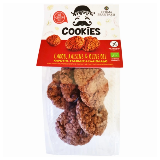 Μπισκότα με χαρούπι,σταφίδες & ελαιόλαδο χ.γλ Κτήμα Βελεγράκη Gluten free 150g
